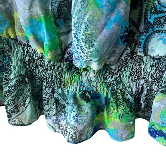 COPPER KEY Blouse Sz S Tropical Floral Greens 3/4 Sleeve Sheer Top Elastic Waist - Picture 5 of 6